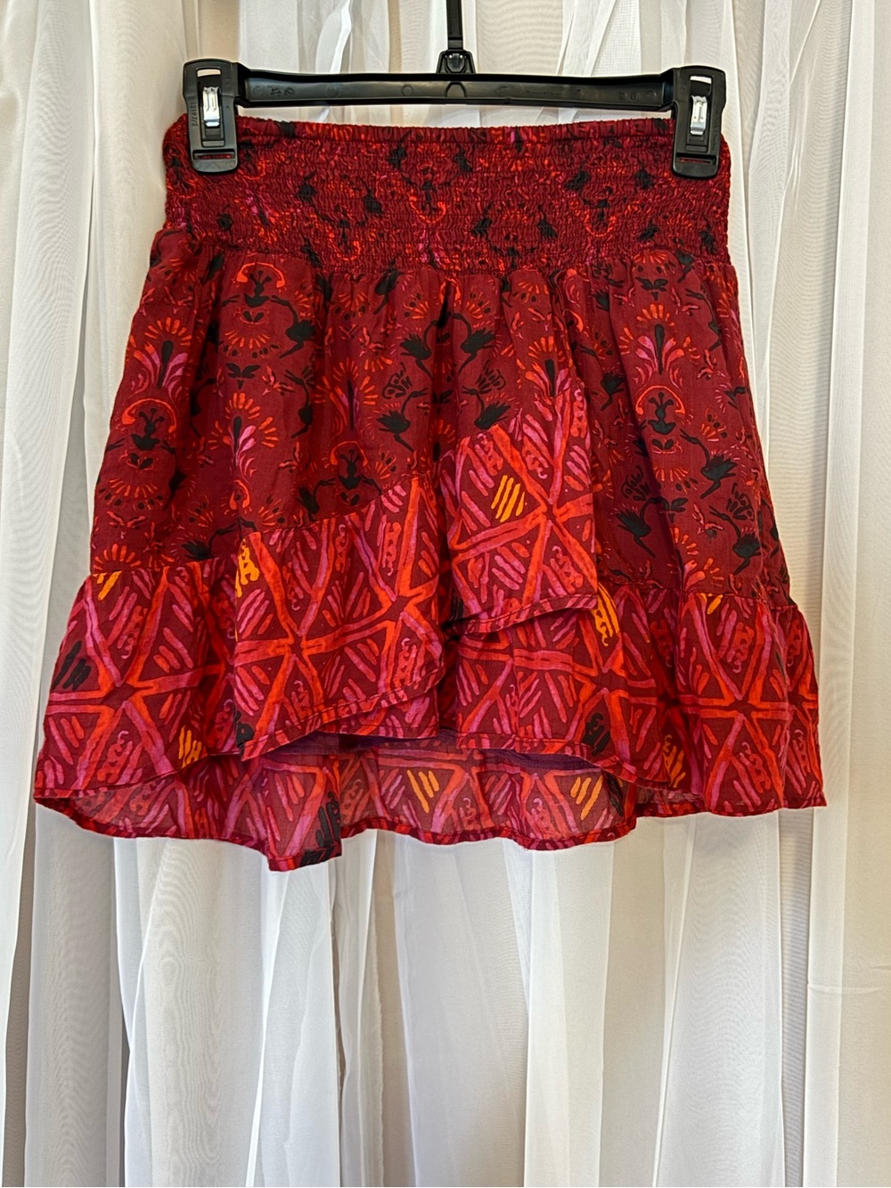 Free People Size XS Printed Tiered Mini Skirt with Smocked Waist Cotton